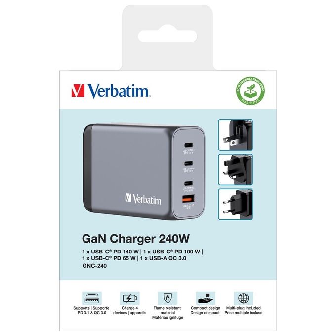 Verbatim 32205 GNC-240 Alimentatore GaN 240W con 3 USB-C PD 140W 100W 65W 1 USB-A QC 3.0 colore Nero Grigio