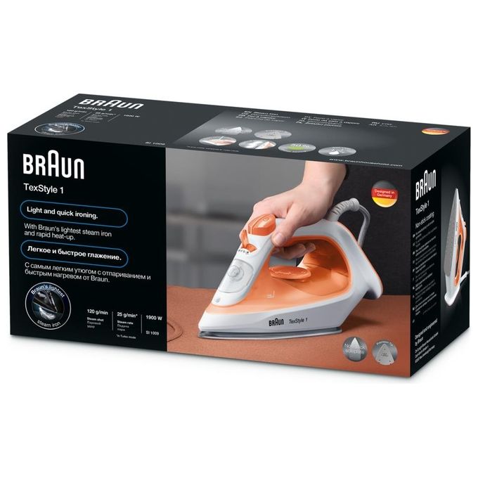 Braun TexStyle 1 SI 1009 Ferro da Stiro a Vapore Piastra Antiaderente 1900W Arancione-Bianco