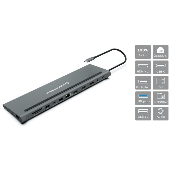 Conceptronic DONN17G Docking Station 12 in 1 USB 3.2 Gen 1 Type-C Triplo Display 4K HDMI DisplayPort USB PD 100W GbE SD colore Grigio