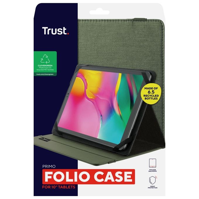 Trust 24498 Primo Custodia Folio per Tablet 10'' Universale PET Riciclato Funzione Supporto colore Verde