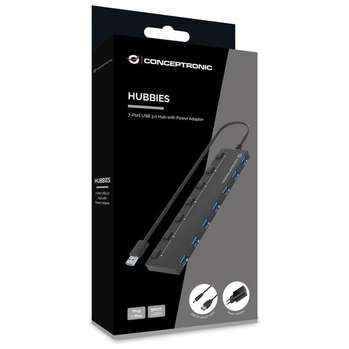 Conceptronic HUBBIES19BP Hub USB 3.2 Gen 1 a 7 porte con alimentatore incluso interruttori di alimentazione individuali cavo da 90 cm colore Nero