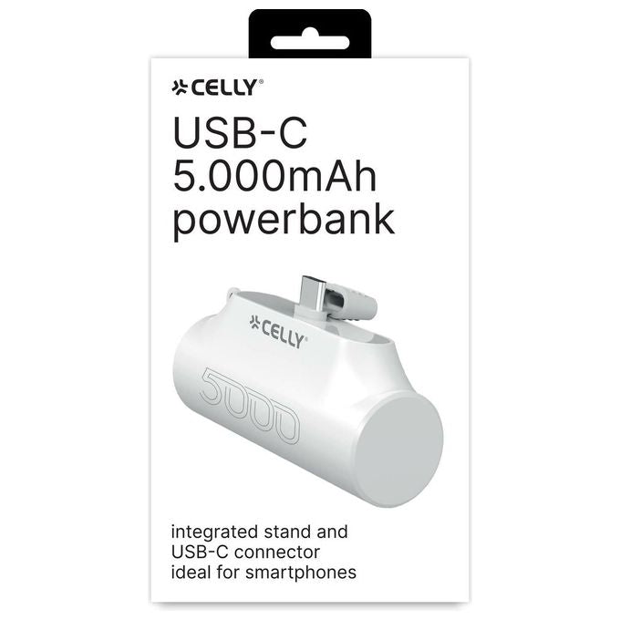 Celly PBC5000WH PowerBank Compatto USB-C 5000 mAh Ricarica Rapida Stand Integrato colore Bianco