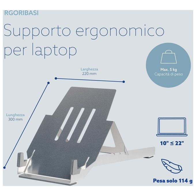 R-Go Tools RGORIBASI Supporto per laptop R-Go Riser Basic Regolabile in Altezza 3 Posizioni Alluminio HYLITE colore Argento