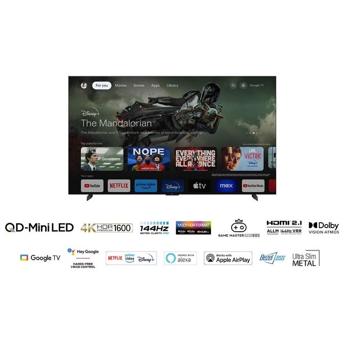 TCL 98C805 C805 Smart TV 98'' Mini LED QLED 4K 144Hz Google TV Dolby Vision IQ HDR10+ colore Nero