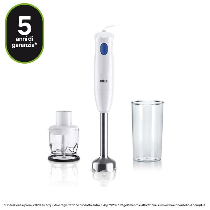Braun MQ10.201M MultiQuick 1 Frullatore ad Immersione 450W asta acciaio inox tritatutto 350 ml bicchiere 600 ml colore Bianco