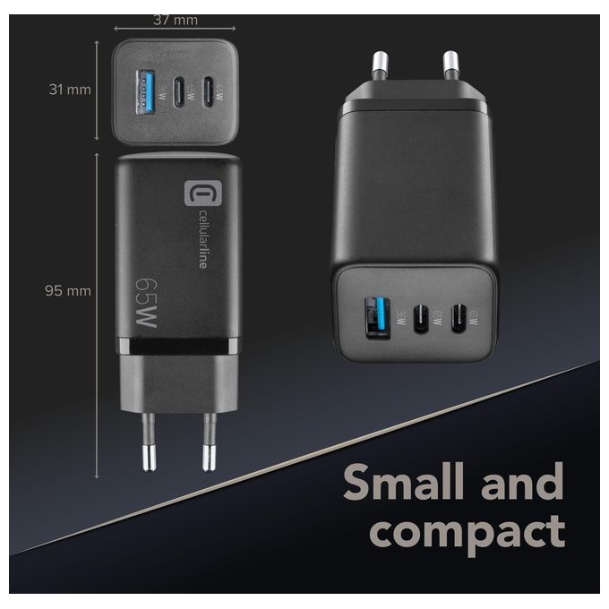 Cellularline ACHUSBGAN3PD65WK Multipower Micro Caricabatterie GaN 65W 3 Porte USB-C Power Delivery colore Nero