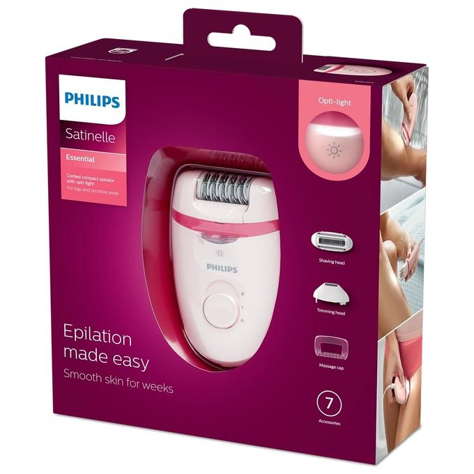 Philips BRE285-00 Satinelle Essential Epilatore Compatto con Filo Opti-light 2 velocita' 7 accessori colore Rosa