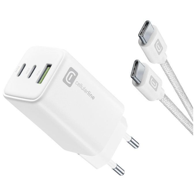 Cellularline ACHKITC2CGAN65TABW Multipower Caricabatterie da Rete 65W con Tecnologia GaN 3 Porte USB-C e USB-A Cavo Incluso 100 cm colore Bianco