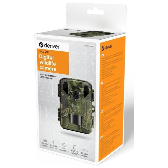 Denver 6751076381 WCS-5023 Fotocamera Digitale 8 MP Sensore CMOS 120° PIR Resistente alla Polvere e all'Acqua 4 batterie AA colore Mimetico
