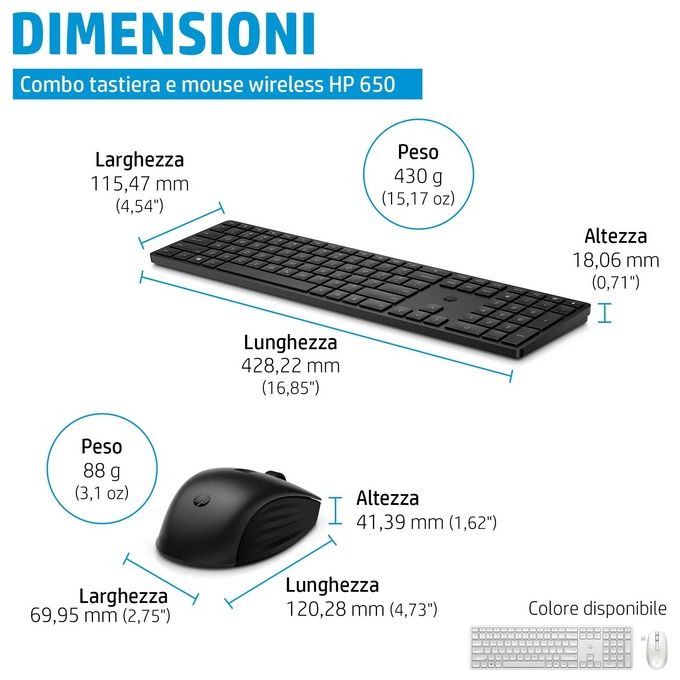 HP 4R013AA Combo tastiera e mouse wireless 650 Full-size 100% Wireless 2.4 GHz 4000 DPI tasti programmabili colore Nero