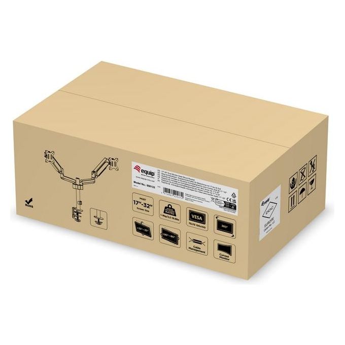 Equip 650133 Staffa di Montaggio da Scrivania per Doppio Monitor 17''-32'' VESA 75x75 100x100 Regolazione Altezza con Molla a Gas Rotazione 360° Inclinazione ±35° colore Nero