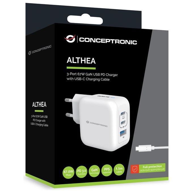 Conceptronic ALTHEA17W Caricatore USB GaN 67W con Power Delivery 3.0 Quick Charge 3.0 PPS 2 Porte USB-C 1 USB-A Cavo Incluso colore Bianco