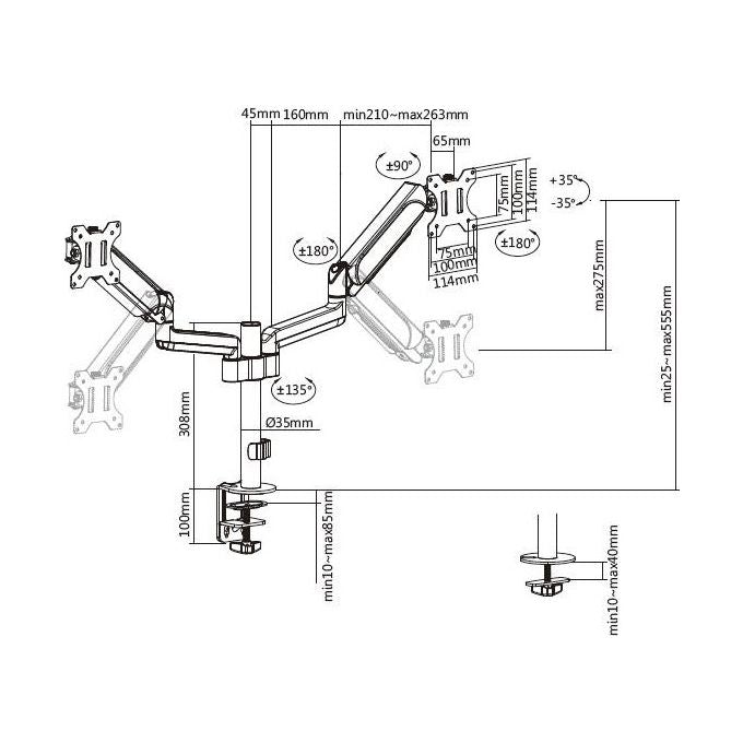 Equip 650133 Staffa di Montaggio da Scrivania per Doppio Monitor 17''-32'' VESA 75x75 100x100 Regolazione Altezza con Molla a Gas Rotazione 360° Inclinazione ±35° colore Nero