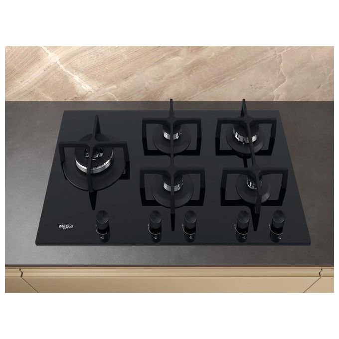 Whirlpool GOA9523NB1 Piano cottura gas 90 cm 5 fuochi da incasso vetro griglie ghisa colore Nero