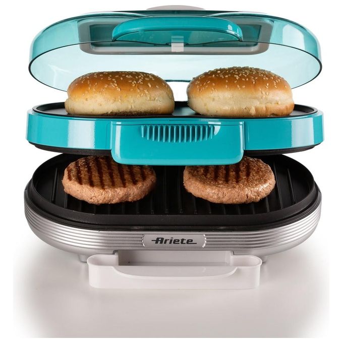 Ariete 205 Party Time Macchina per Hamburger 1200 W Doppie Piastre Antiaderenti 2 Scomparti colore Azzurro