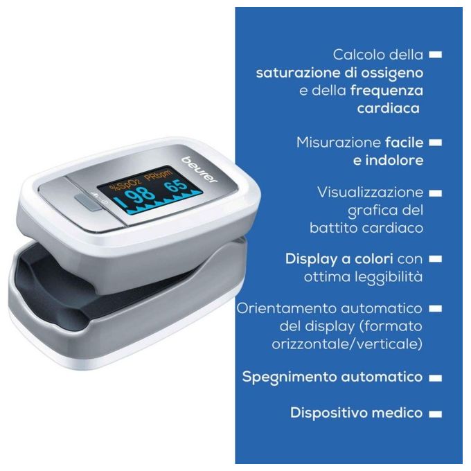Beurer Pulsossimetro Monitoraggio Saturazione di Ossigeno nel Sangue e del Battito Cardiaco 61 x 36 x 32 mm Grigio PO 30