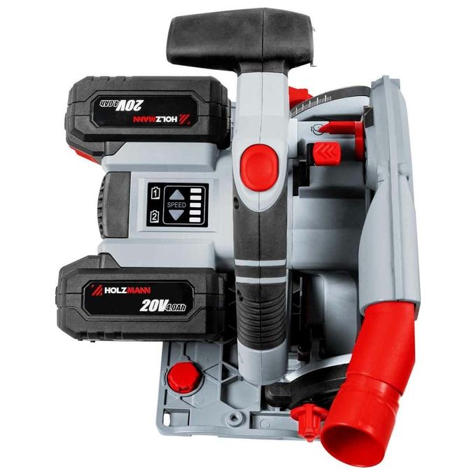 Holzmann TAS165AKKU Sega Circolare a Immersione a Batteria 2x20V 40V Totale 5 Livelli Velocita' Lama 165 mm Inclinazione -1 a 47° con 2 Batterie 4 Ah colore Nero Grigio Rosso
