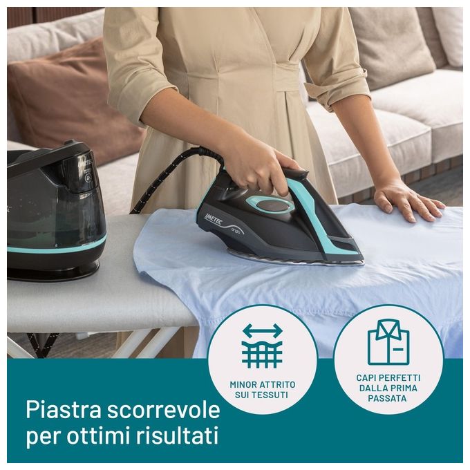 Imetec 9028 Onda P1 Ferro da Stiro Generatore di Vapore 2400W 6 bar Serbatoio 2,5L Piastra Onde Brevettata colore Nero Turchese