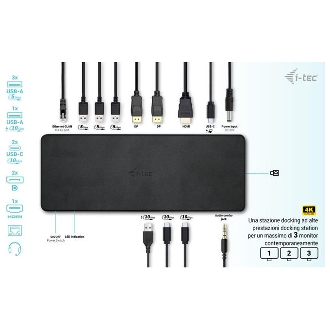 I-tec C31TRIPLEDOCKPDPRO2IT Docking Station USB-C Triple Display Gen 2 Pro 3 Monitor 4K 2x DisplayPort 1x HDMI Power Delivery 100W Ethernet Gigabit colore Nero