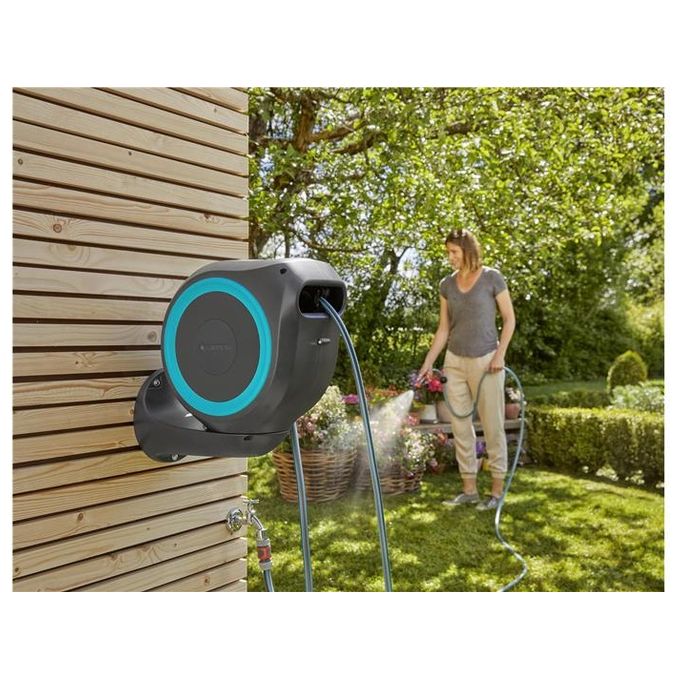 Gardena 18600-20 Avvolgitubo da Parete RollUp S 15 m con Lancia e Raccordi Avvolgimento Automatico Rotazione 180 gradi colore Azzurro