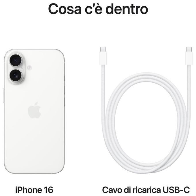 Apple MYE93QL-A iPhone 16 Smartphone 5G 6,1'' OLED 128GB chip A18 doppia fotocamera 48MP iOS 18 colore Bianco