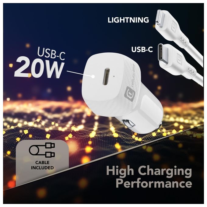 Cellularline KITC2LMFI20W Caricabatterie da Auto USB-C 20W Power Delivery con Cavo USB-C Lightning iPhone 8 e successivi colore Bianco