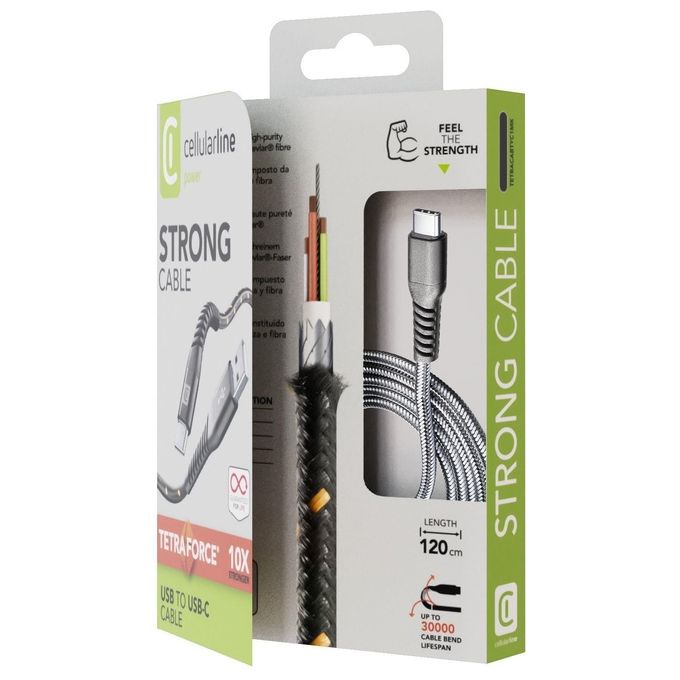 Cellularline TETRACABTYC1MK Tetra Force Strong Cable Cavo USB-A USB-C 120cm Nylon Intrecciato Kevlar 15W colore Nero