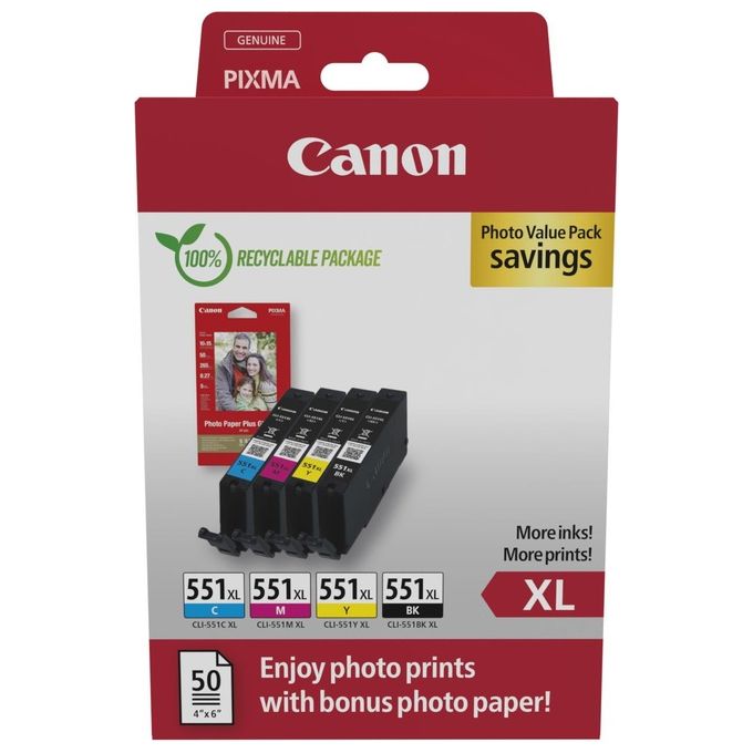 Canon 6443B008 CLI-551 XL Value Pack Cartucce d'inchiostro Originali 4 pz Nero Ciano Magenta Giallo colore Multicolore