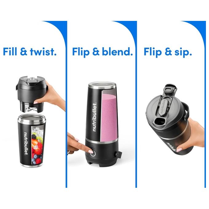 NutriBullet NBP016B Flip Frullatore Portatile Tazza Isolante 590 ml Ricarica USB-C Acciaio Inox colore Nero