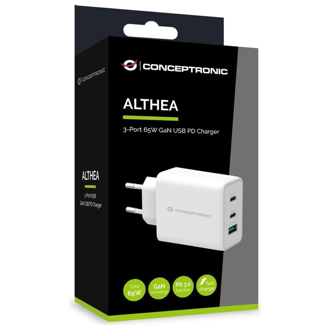 Conceptronic ALTHEA12W Caricabatterie USB 3 Porte 65W GaN PD 3.0 Quick Charge 3.0 2x USB-C 1x USB-A colore Bianco