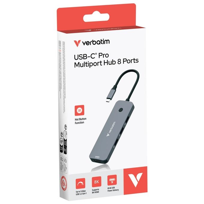 Verbatim 32151 CMH-08 Hub Multiporta USB-C 8 Porte 2 HDMI 8K 3 USB-A 3.2 Gen1 Lettore SD microSD USB-C PD 85W colore Argento