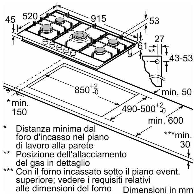 Bosch PCR9A5I90 Serie 6 Piano cottura a gas 90 cm 5 fuochi Wok centrale FlameSelect griglie in ghisa colore Acciaio Inox