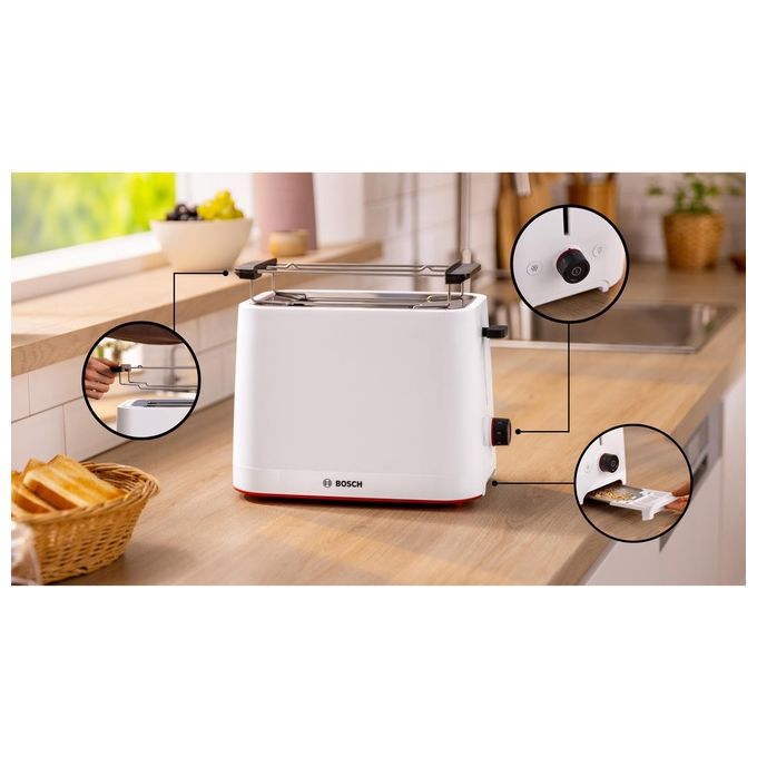 Bosch TAT3M121 MyMoment Tostapane 4 Fette 950 W con Controllo Doratura Regolabile Funzione Scongelamento e Mantieni Caldo colore Bianco