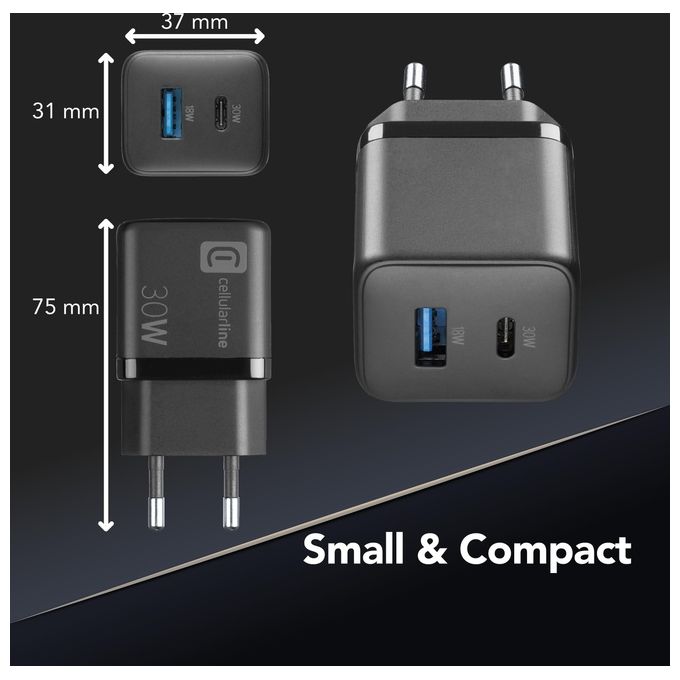 Cellularline ACHUSBGAN2PD30WK Multipower Micro Caricabatterie da Rete 2 Porte USB-C GaN 30W Super Fast Charging colore Nero