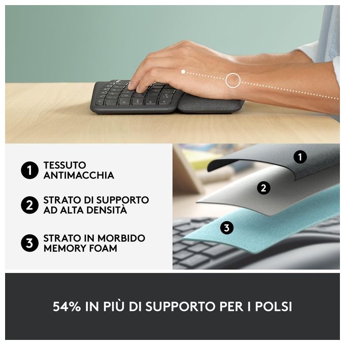 Logitech 920-010349 ERGO K860 Tastiera Split Ergonomica Wireless Bluetooth Layout Italiano QWERTY con Supporto Polso Regolabile colore Grafite
