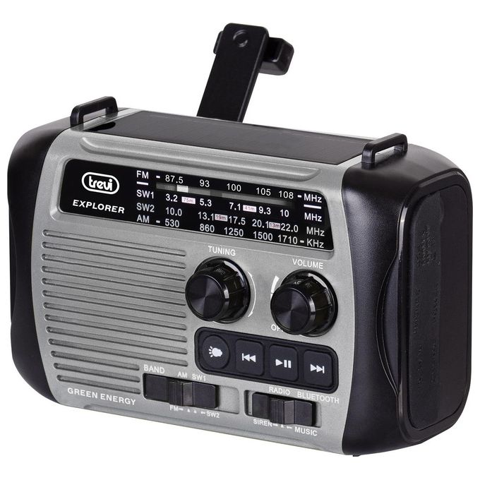 Trevi RA 7F30 BT Radio Portatile Multibanda FM AM SW Bluetooth MP3 USB MicroSD Powerbank Torcia LED Ricarica Solare Dinamo colore Grigio