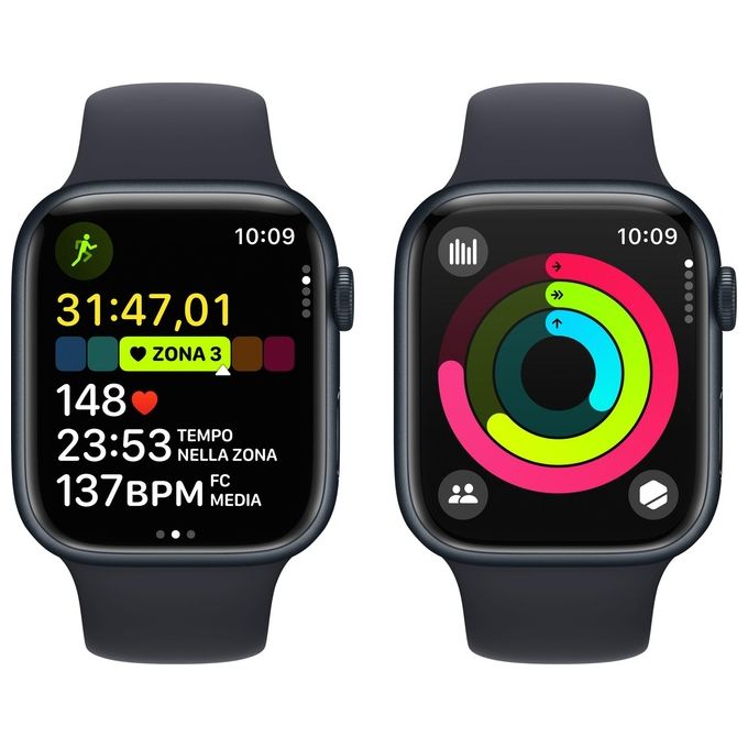 Apple MR9A3QL-A Watch Series 9 Smartwatch GPS 45mm Alluminio Always-On Display Chip S9 Cinturino Sport M-L colore Mezzanotte