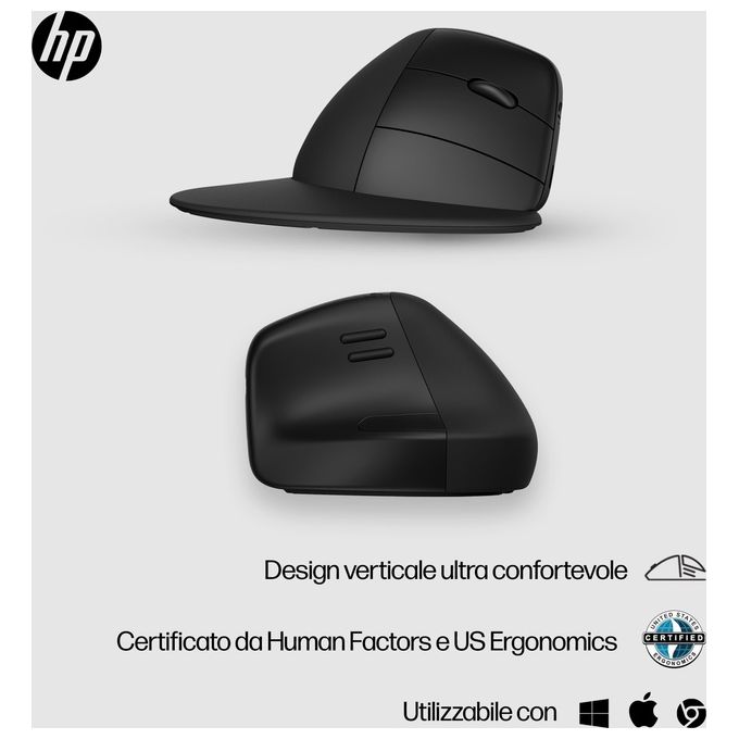 HP 6H1A5AA 925 Mouse Ergonomico Verticale Wireless RF Bluetooth 4000 DPI 6 Tasti Ricaricabile USB Type-C colore Nero
