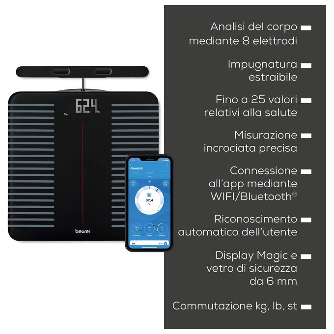 Beurer BF 990 Bilancia Diagnostica Wi-Fi Bluetooth 8 elettrodi 25 valori 180 Kg app HealthManager Pro colore Nero
