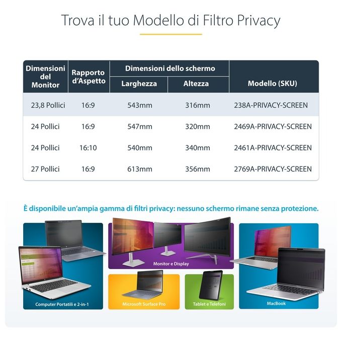 StarTech.com 238A-PRIVACY-SCREEN Filtro privacy per monitor 23.8'' 16:9 in acrilico lucido con protezione luce blu e angolo di visione 30° colore Nero