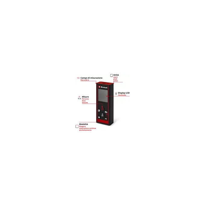 Einhell 2270082 TC-LD 60 R Telemetro laser portatile campo misura fino a 60 m precisione ±2 mm display LCD retroilluminato alimentazione 2 batterie AAA colore Nero