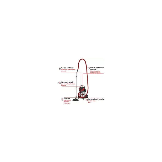Einhell 2347435 TE-VC 2580 SACL Bidone Aspirasolidi e Liquidi 1100 W 200 mbar 25 L Classe L Filtro HEPA Presa Automatica