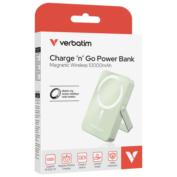 Verbatim MP52115410 Charge 'n' Go Power Bank 10000 mAh Ricarica Wireless Magnetica e USB-C 35 W colore Verde