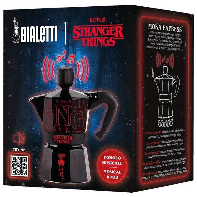 Bialetti 0005406 Moka Express Stranger Things Caffettiera 3 Tazze Alluminio con Pomolo Musicale colore Nero