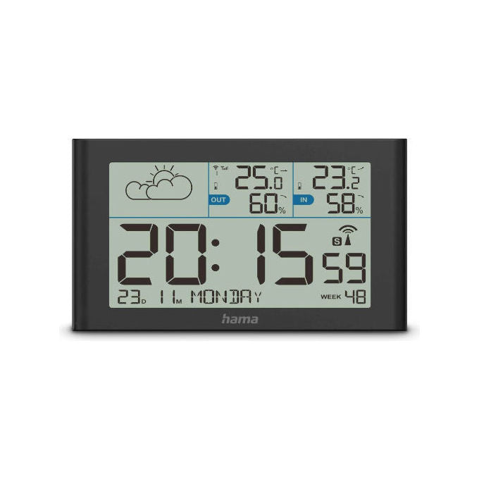 Hama 00222216 Stazione Meteorologica Digitale con Termometro e Igrometro Interno Esterno Display Trend Previsioni del Tempo Alimentazione a Batteria AA colore Nero