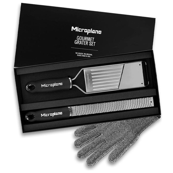 Microplane 36179 Gourmet Set Grattugia con Guanto Protettivo Acciaio Inossidabile colore Nero