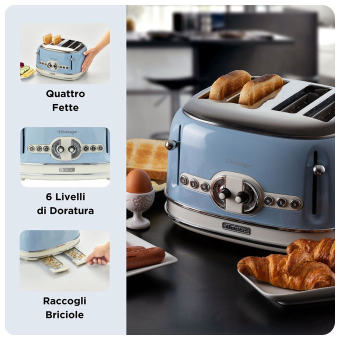 Ariete 00C015605AR0 Tostapane Vintage 4 fette 6 livelli di tostatura Defrost 1600 W colore Azzurro