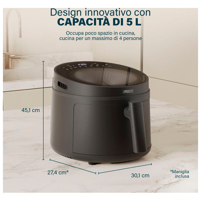 Princess 01.182270.01.001 Friggitrice ad aria 5 L 1500 W 8 Programmi Display LCD Tecnologia Ciclonica colore Nero