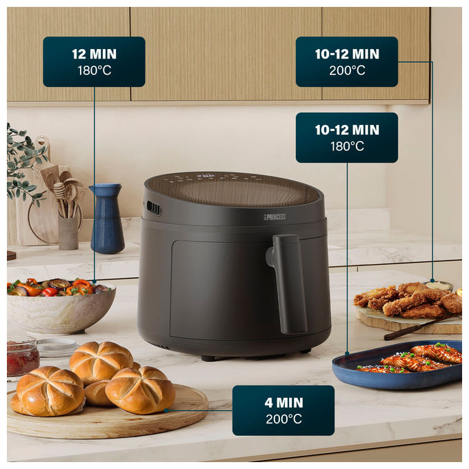 Princess 01.182270.01.001 Friggitrice ad aria 5 L 1500 W 8 Programmi Display LCD Tecnologia Ciclonica colore Nero