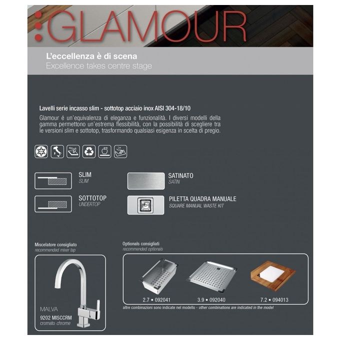 CM 012805.X0.01.2063 Glamour Lavello da incasso semifilo 2 vasche 87,5 x 45 cm acciaio inox satinato (87,5x45x19 cm) colore Acciaio